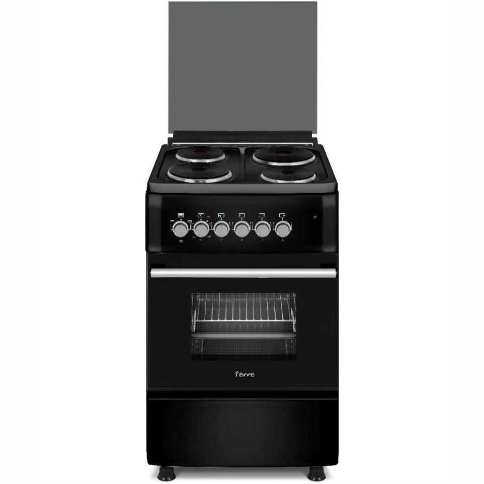 FERRE 50×60 Free Standing Cooker - 4 Elec, Elec Oven, Glass Lid, Thermostat, 1 Pan, Black