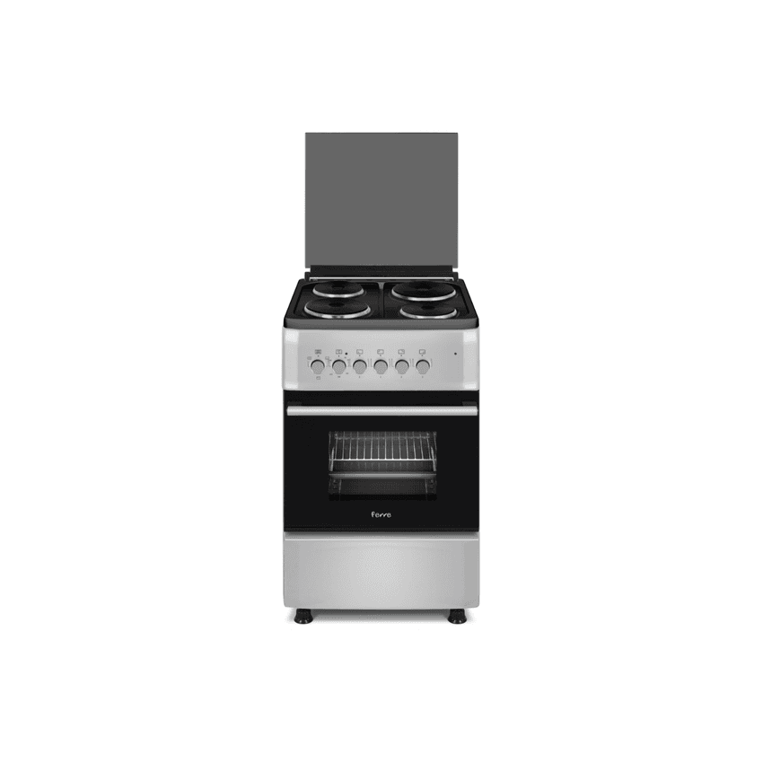 Ferre 50 x 60 FREE STANDING COOKER - 4 Elec, Elec Oven, Glass Lid, Thermostat, 1 Pan, Silver